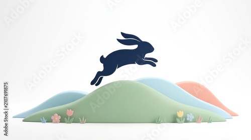 Blue rabbit silhouette jumping over pastel hills