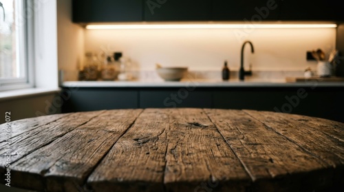 Rustic round wooden table top surface with a blurred modern kitchen interior background featuring dark cabinets and warm lighting. This empty surface is ideal for food and product placement designs.
