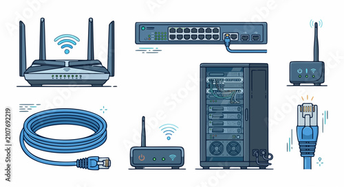 An illustration displays various computer networking hardware including routers, a server,.