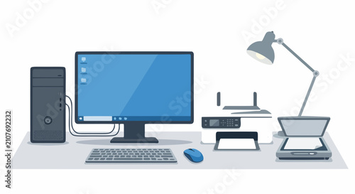A flat vector illustration depicts a modern office desk with a computer and printer.