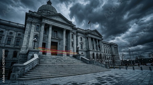 Grand neoclassical building under stormy sky with dramatic lighting.
