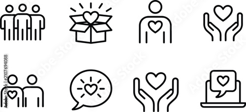 Charity and care outline icons vector set, simple volunteering, non profit community elements on white background