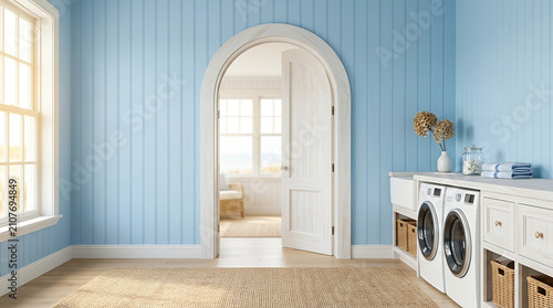 Coastal laundry room with blue paneling and arched doorway