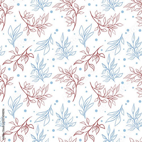 Seamless botanical line-art pattern with red branches, blue leaves, and polka dots.