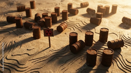 Aerial view of wooden barrels on sandy terrain with contour lines.