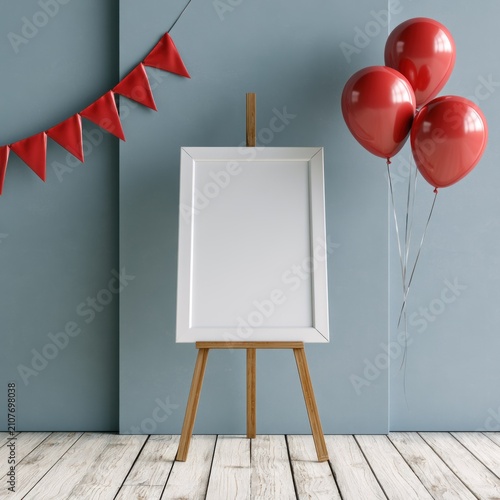 Framed white canvas mockup with festive red balloons