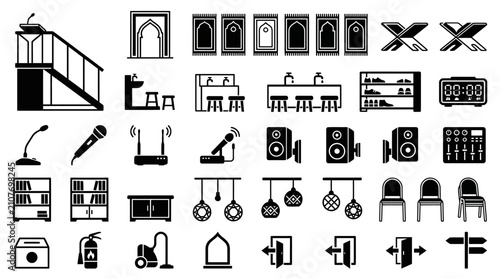Mosque interior equipment and islamic center facility icons in minimalist black vector silhouette style for religious institution management and architectural mapping