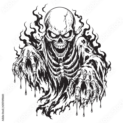 Foto Lurking skeletal terror in swirling smoke with black and white