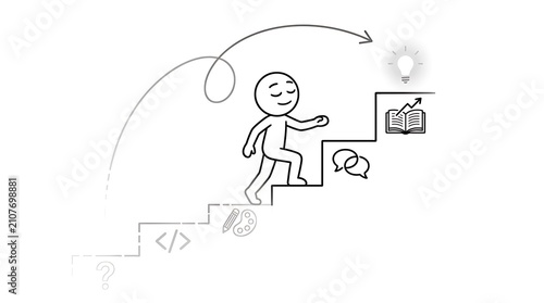 Stick figure climbing stairs to success. Personal growth concept with learning icons.