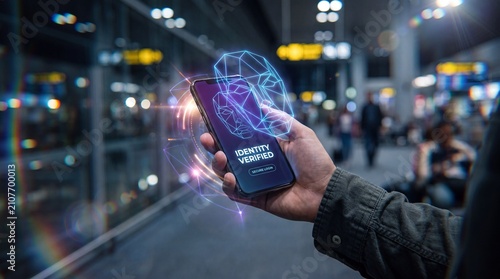 Hand holding smartphone with facial recognition scan at airport terminal for identity verification