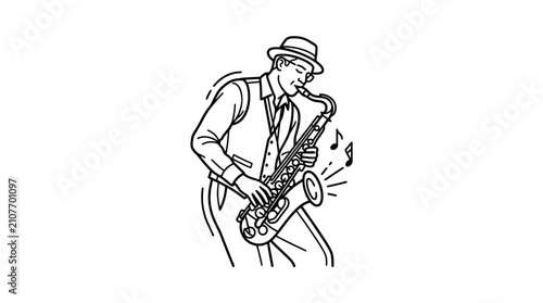 Photography Minimalist Black and White Line Drawing of a Jazz Musician Playing a Saxophone w