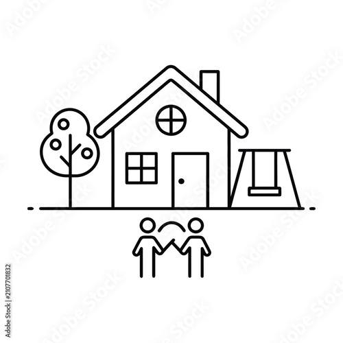 Minimalist house line icon with family, residential home with garden and playground, real estate property vector