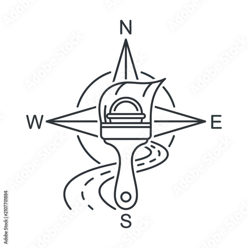 Minimalist compass rose with paint brush vector icon, creative road marking logo, navigation and art concept