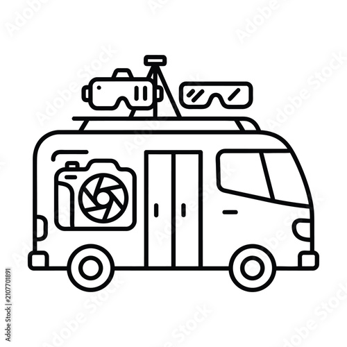 Minimalist camper van icon with photography gear, travel van vector illustration, mobile studio and filming equipment