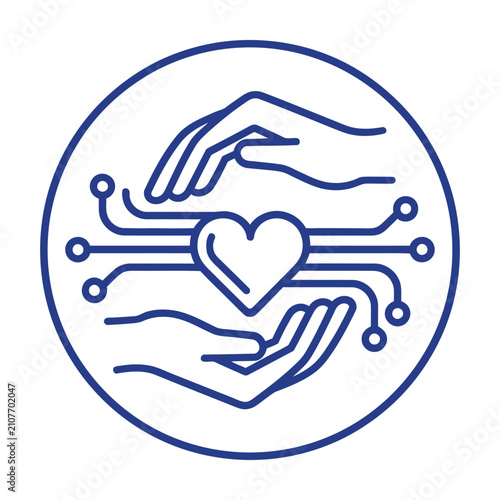 Digital healthcare line icon, heart with circuit board connections, caring hands protecting medical technology vector