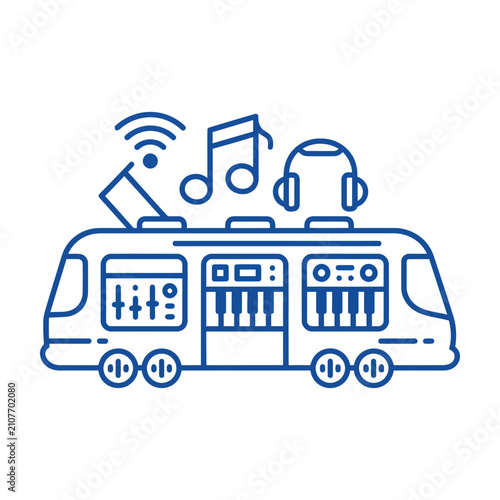 Musical bus vector illustration, mobile recording studio with synthesizer and headphones, blue line art audio transport icon