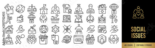 Social Issues and Humanitarian Aid Line Icon Set. NGO Relief, Civil Rights, Charity, and Community Support. 40 Editable Stroke Vectors for Global UI.