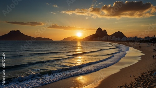 Sunset at Arpoador Beach in Rio de Janeiro, Brazil.