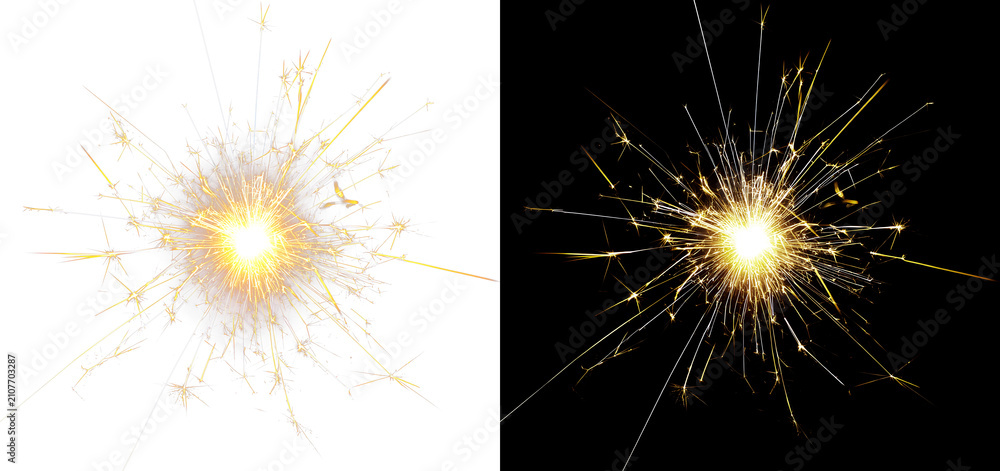Fototapeta premium Burning sparkler with golden fireworks burst glowing sparks festive celebration light overlay texture effect