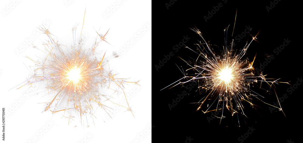 Fototapeta premium Burning sparkler with golden fireworks burst glowing sparks festive celebration light overlay texture effect