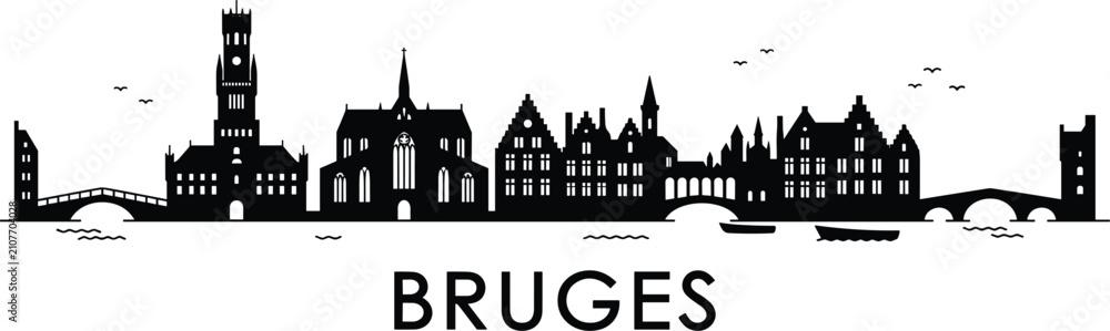Fototapeta premium Bruges Skyline Silhouette Vector with Historic Flemish Architecture and Bold Typography