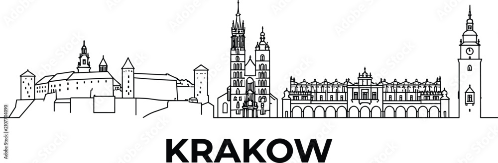 Fototapeta premium Krakow Skyline Line Art Vector with Historic Landmarks and Bold Typography