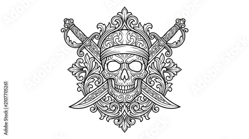 Fotografi Ornate Pirate Skull with Crossed Swords Illustration.