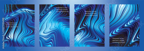 Vibrant blue abstract marble texture panels with flowing liquid swirls cover poster background design set suitable for cover magazine, catalog, book, album, poster, flyer, brochure, etc.