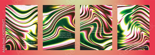 Abstract composition neon pink and green marbled glass vibrant swirling liquid patterns cover poster background design set, suitable for design project, magazine, catalog, poster, flyer, brochure, etc