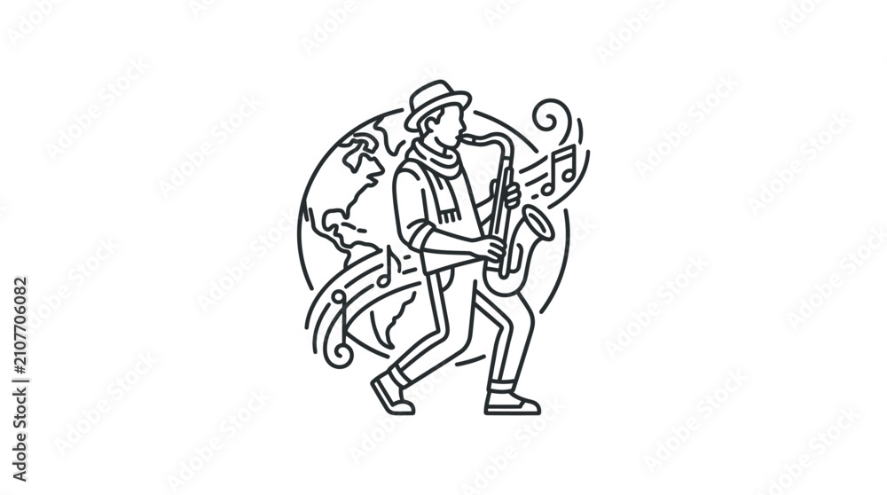 Obraz premium Sleek Black and White Line Drawing of a Musician Playing a Saxophone with a Dog and Musical Notes Surrounding