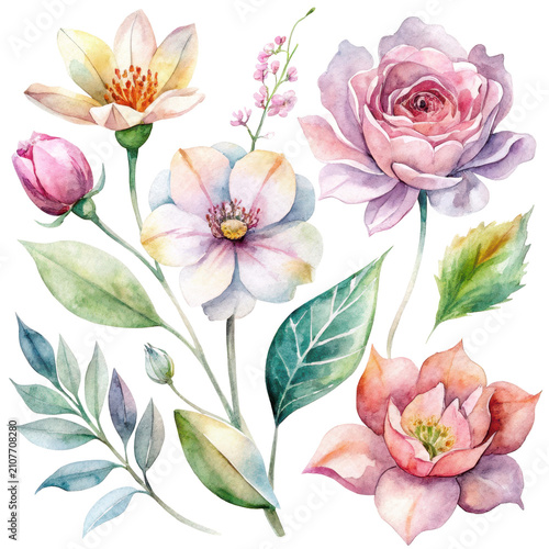 Collection of assorted pink and peach watercolor flowers and green leaves on a white background set