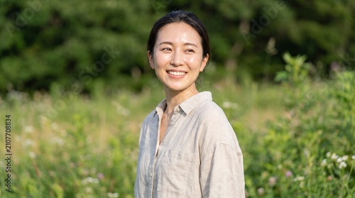 Young Asian Woman Smiling Outdoors in a Field.