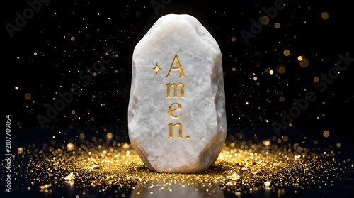 White marble stone featuring golden amen inscription surrounded by shimmering dust particles against black background