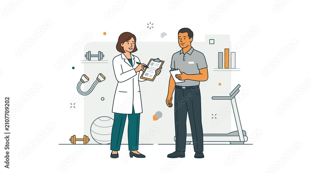 Fototapeta premium Pharmacist Consulting Patient in Fitness Rehabilitation Setting with Medical Equipment