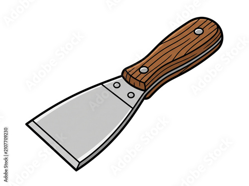 Detailed cartoon illustration of a metallic putty knife with a wooden handle, isolated on a transparent background, perfect for construction themes.