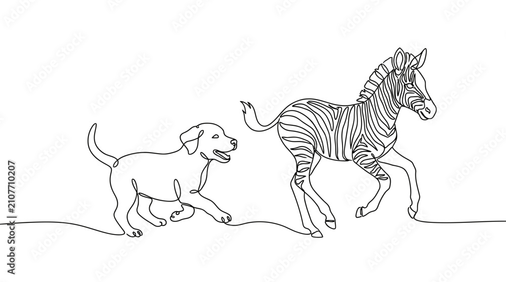 Obraz premium Continuous line art drawing of a puppy chasing a young zebra with continuous minimalist wildlife silhouette creative