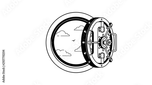 A detailed black and white line art illustration of an open circular bank vault door.