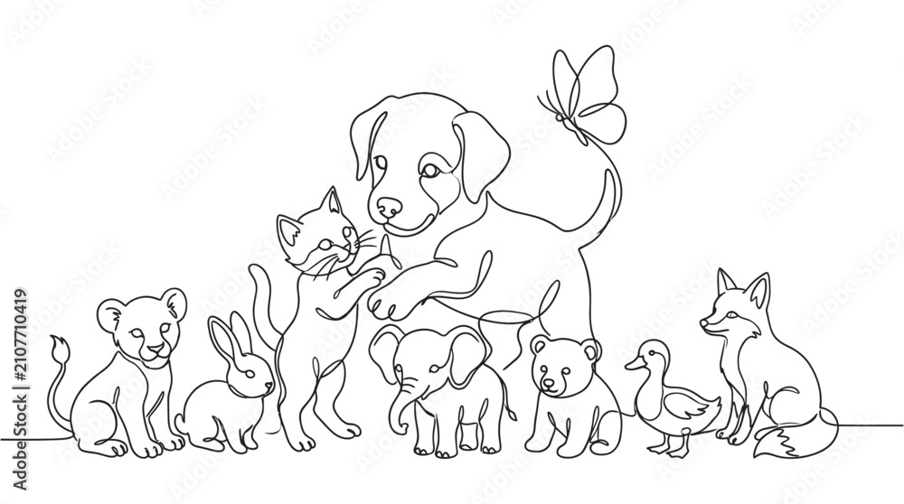 Obraz premium Continuous single line illustration featuring a playful puppy and a group of various baby animals elephant butterfly