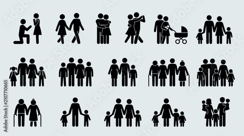 Принти на полотні Diverse family groups in silhouette with parents and children during celebration