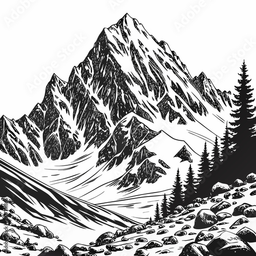 A black and white of a tall mountain peak with pine trees and a rocky foreground in a scenic wilderness landscape setting