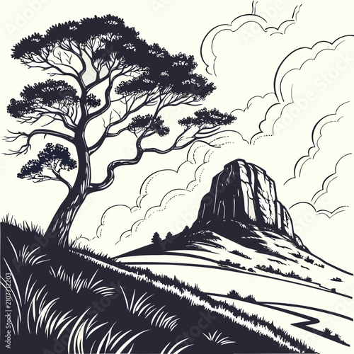 Black and white ink of a large mesa mountain and a lone twisted tree on a grassy hill under a sky filled with fluffy clouds
