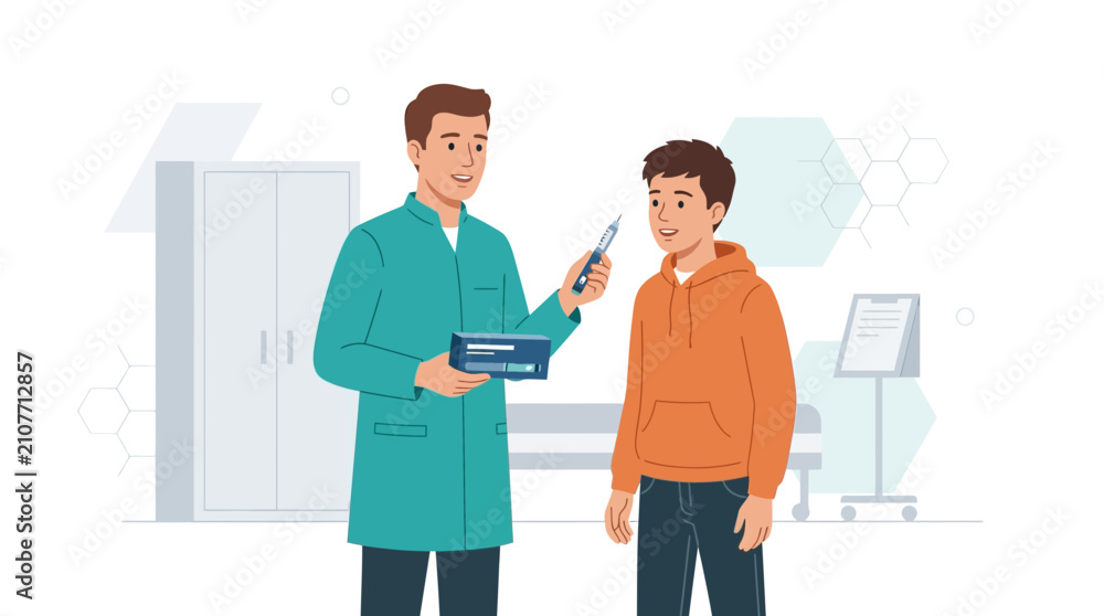 Obraz premium Pharmacist advising teenager on medication and injection in medical consultation room