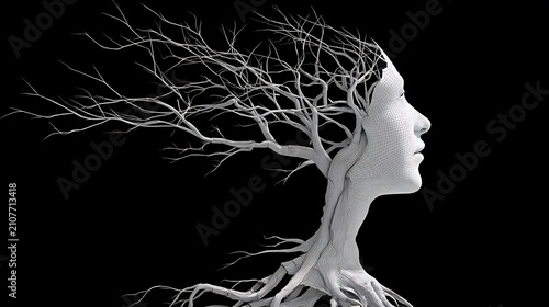 Black and white of a stylized tree with intricate branches