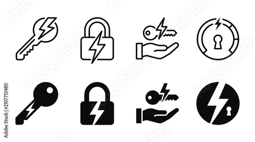 Set of cybersecurity and digital access icons featuring keys and padlocks with lightning bolt symbols, cybersecurity
