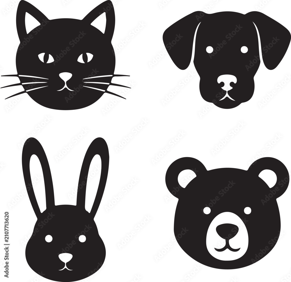 Fototapeta premium Animal face silhouette icons, cat dog rabbit bear, Halloween party poster elements, classroom art session cutouts, minimal vector design