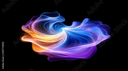 Abstract swirling light pattern on black background, colorful energy flow.