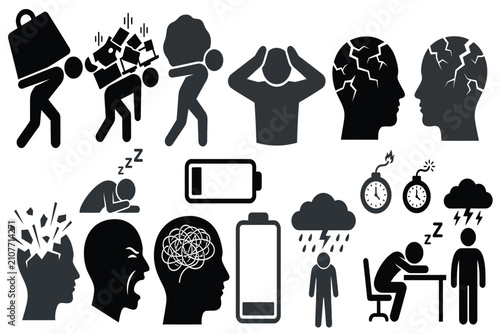 Collection of black silhouette icons representing mental health, stress, and relaxation concepts