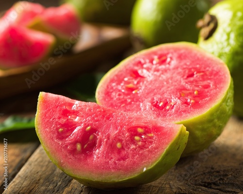 Freshly Sliced Guava Fruit on Wooden Surface.