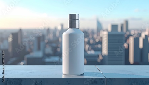 Minimal White Bottle Standing on Rooftop Ledge Against Blurred Modern City Skyline
