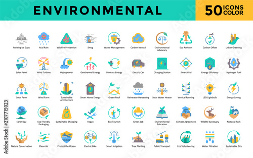 Environmental icons set with melting ice caps, acid rain, wildfire prevention, smog, waste management, carbon neutral, environmental advocacy, eco activism icon. Simple color vector 